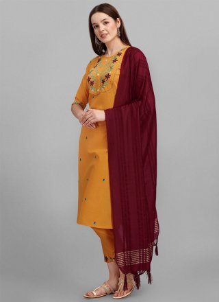 Mustard Cotton Salwar Suit with Embroidered Work for Casual