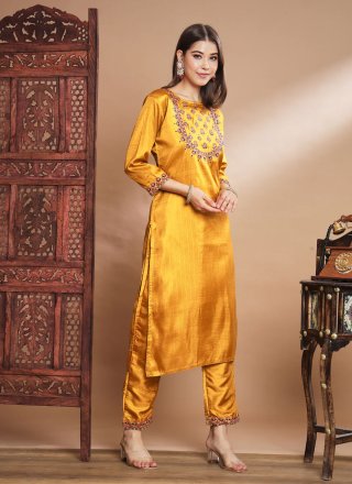 Mustard Cotton Silk Embroidered Work Readymade Salwar Suit