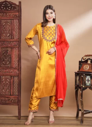 Mustard Cotton Silk Embroidered Work Readymade Salwar Suit