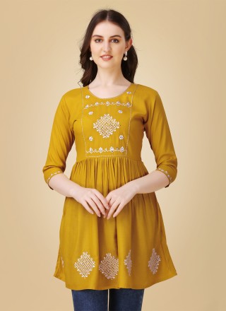Mustard Embroidered Casual Kurti