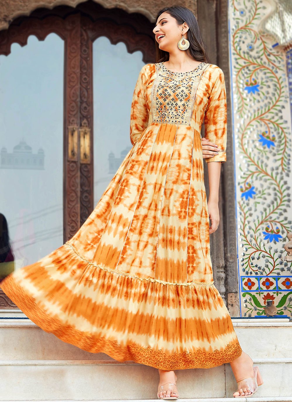 Mustard Embroidered Rayon Trendy Gown