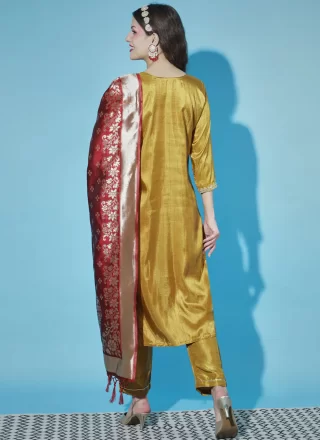 Mustard Embroidered Work Silk Blend Salwar Suit