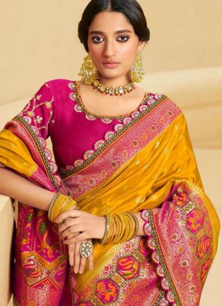 Mustard Embroidered Work Silk Designer Sari