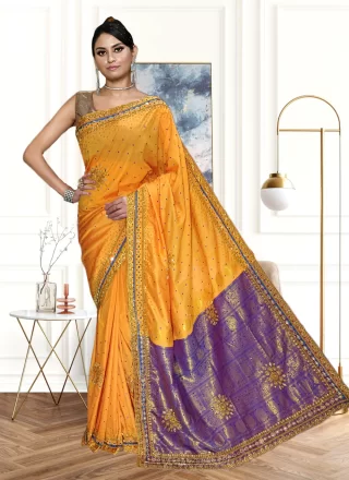 Mustard Satin Silk Classic Sari with Jari Work