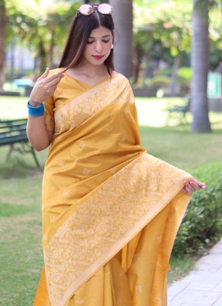 Mustard Handloom Silk Classic Saree with Woven Work for Women