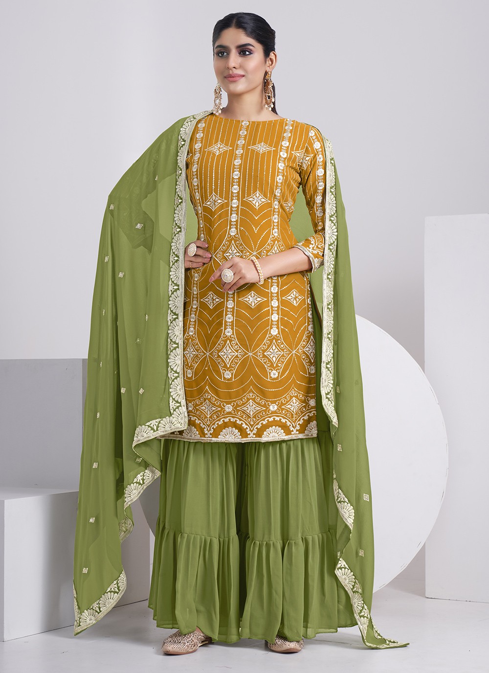 Mehndi Green Color Embroidery Sequence Sharara Suit – Amrutamfab