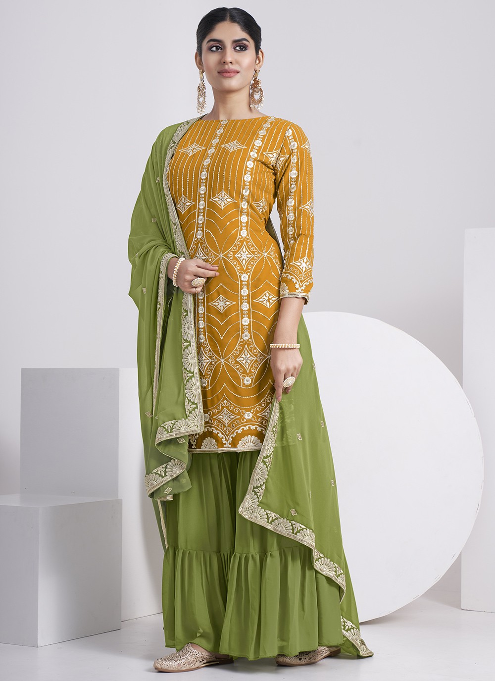 mustard mehndi sharara set 251100 1