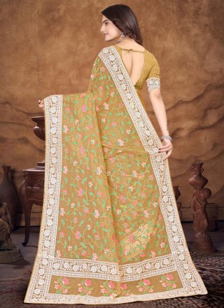 Refreshing Mustard Organza Classic Sari with Embroidered and Resham Work