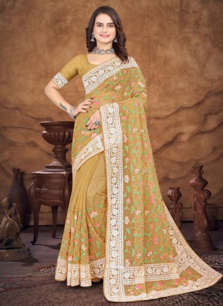 Refreshing Mustard Organza Classic Sari with Embroidered and Resham Work