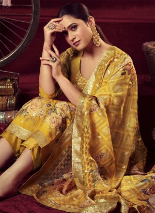 Mustard Organza Salwar Suit with Digital Print and Woven Work