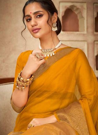 Mustard Organza Woven Work Traditional Saree for Casual