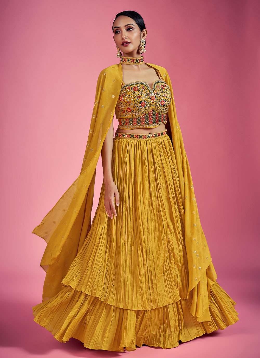 Buy Mustard Party Chinon Long Choli Lehenga Online : 255032