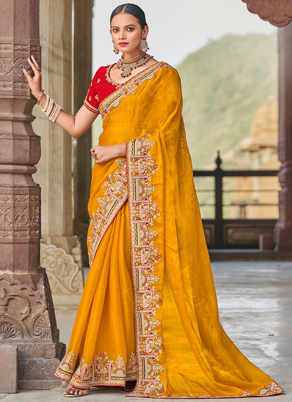 Mustard Satin Embroidered Work Classic Saree for Ceremonial