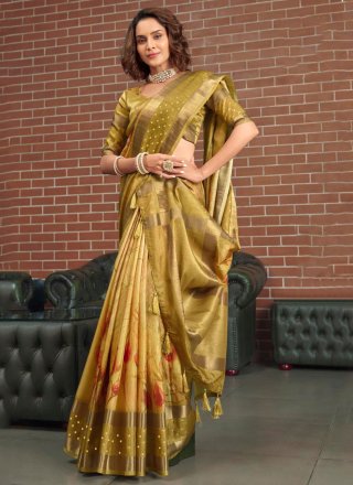 Mustard Silk Designer Sari with Floral Patch Work for Ceremonial