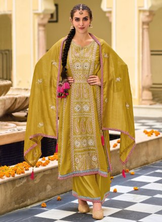 Mustard Silk Embroidered and Resham Work Salwar Suit for Ceremonial