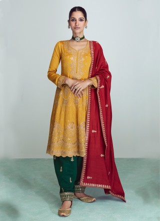 Mustard Silk Embroidered Readymade Salwar Suit