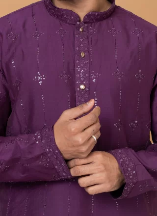 Mystical Purple Cotton Kurta Pyjama with Embroidered and Sequins Work
