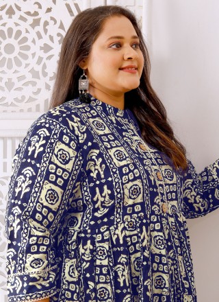 Navy Blue and Off White Print Rayon Casual Kurti