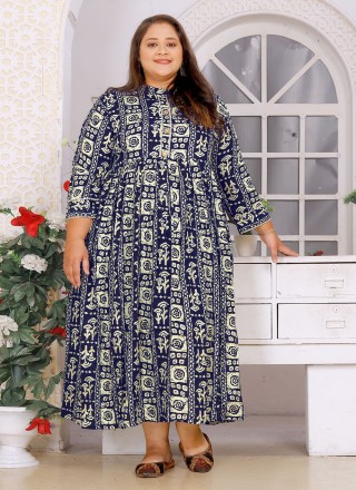 Navy Blue and Off White Print Rayon Casual Kurti