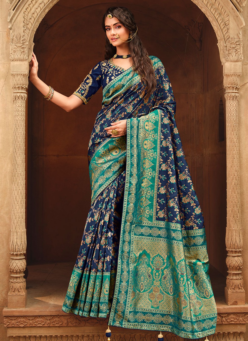 Navy Blue and Rama Weaving Trendy Saree buy online