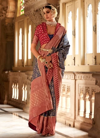 Navy Blue and Red Banarasi Silk Classic Saree