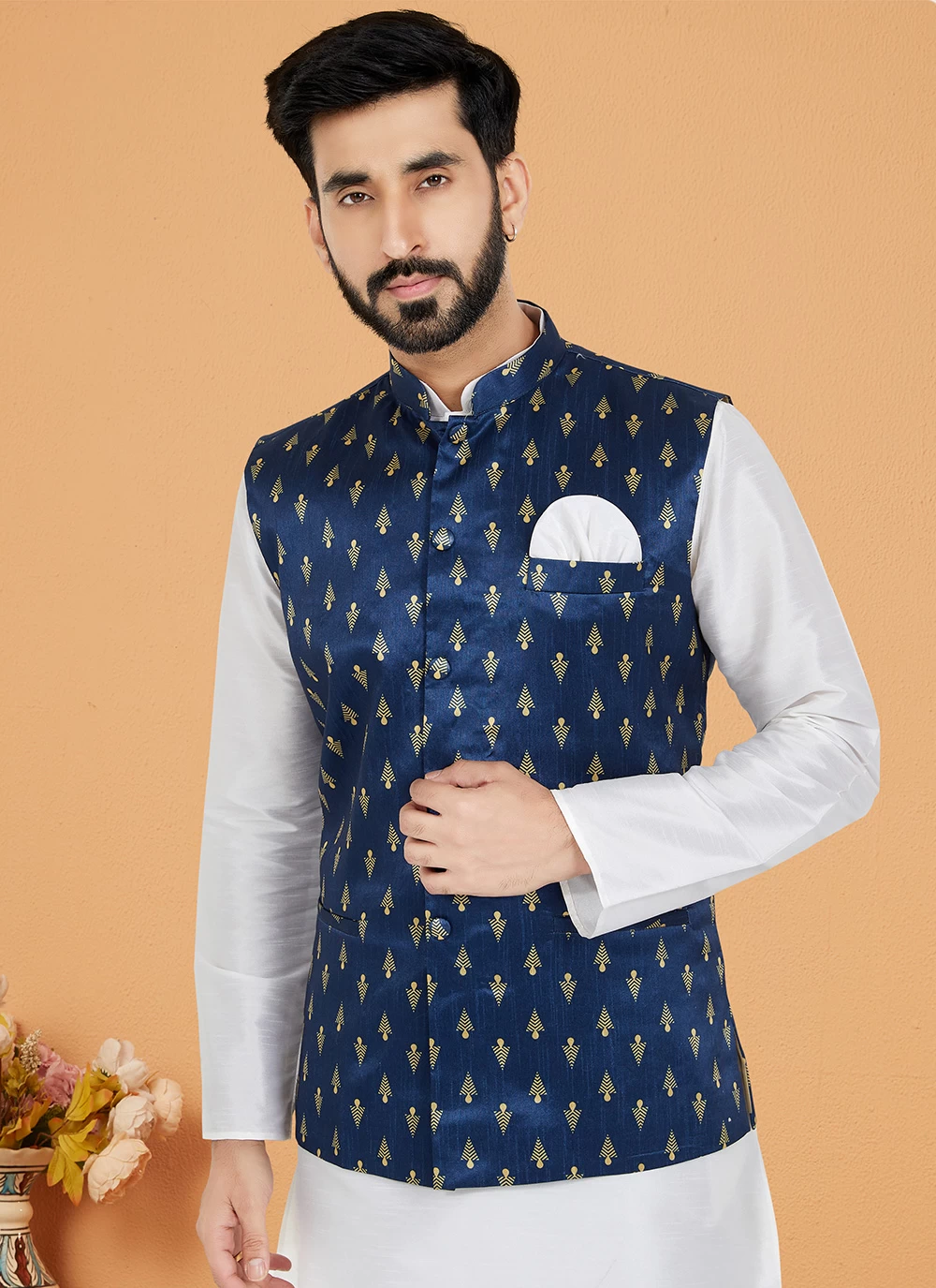 With Navy Blue Waistcoat White Kurta And Blue Jacket Black