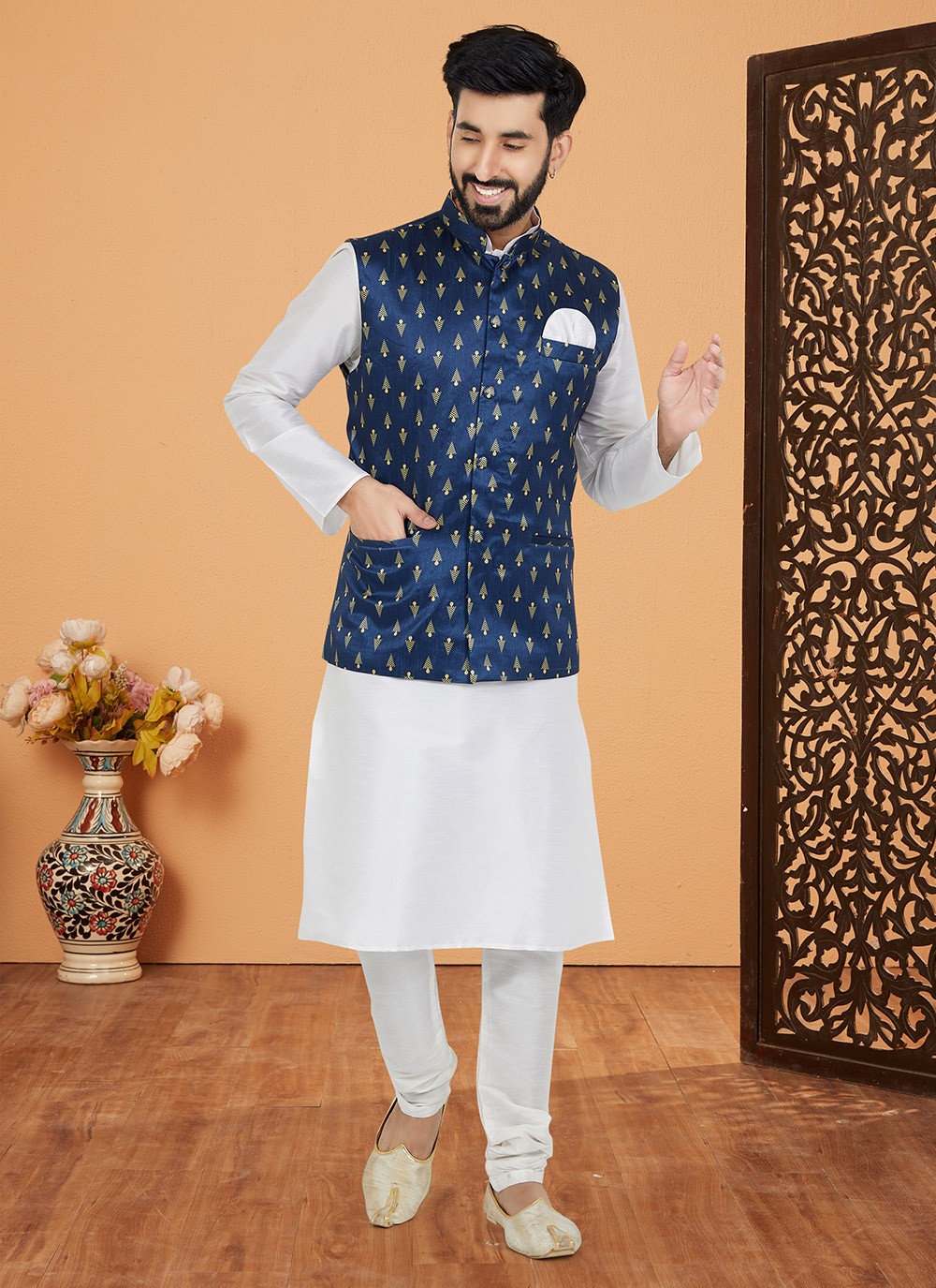 Blue kurta shop with jacket