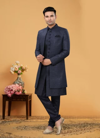 Navy Blue Art Silk Festival Indo Western Sherwani