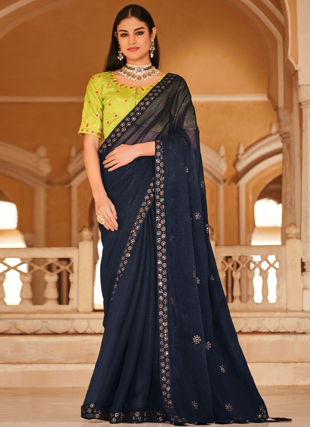 Nalli - Navy Blue Mysore Georgette Saree with Plain body and Zari  border.Includes Unstitched Blouse.The price of this saree is Rs.5,184.00/-.  Shop Online!http://www.nallisilks.com/store/catalog/product/view/id/10520/s/ navy-blue-mysore-georgette-saree ...