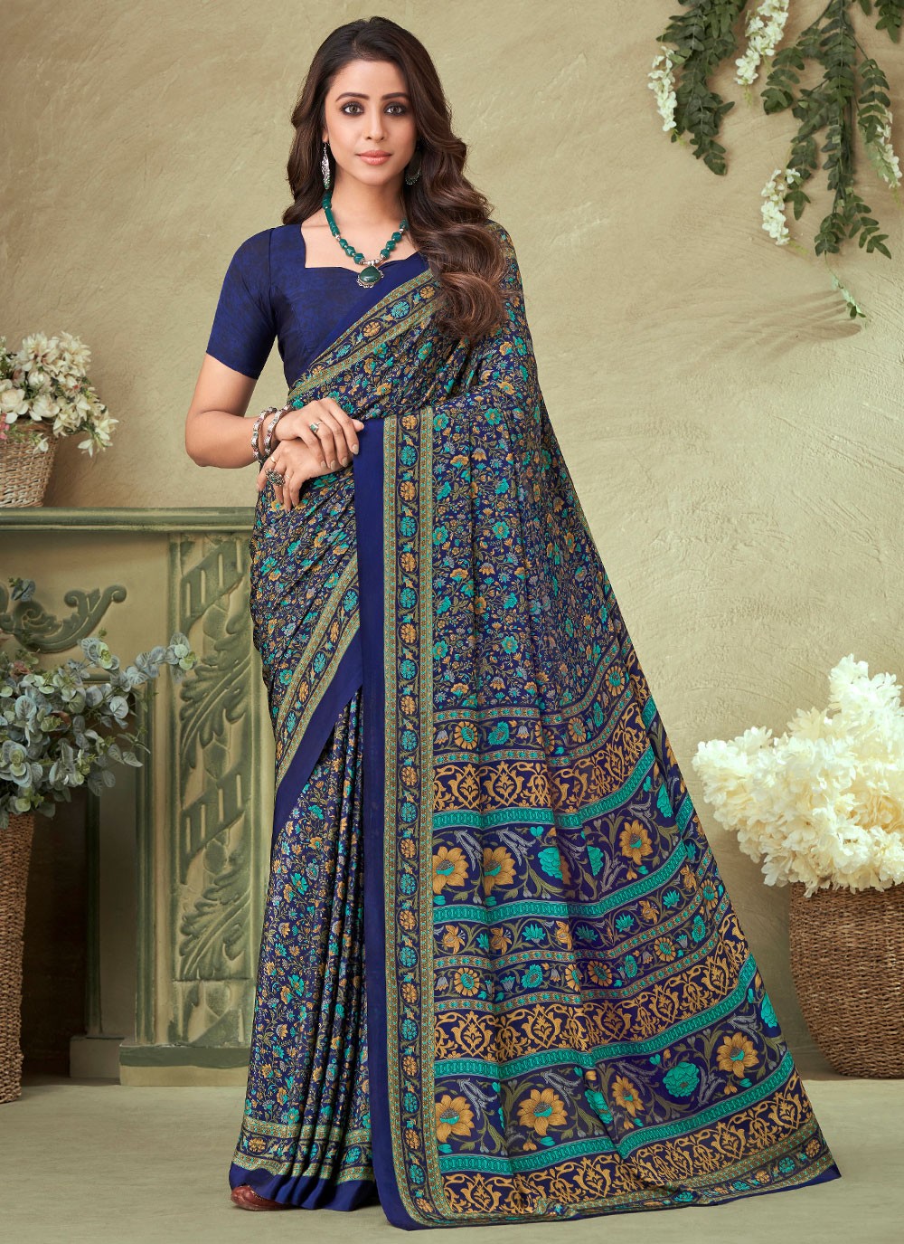 Navy Blue Crepe Silk Printed Saree buy online