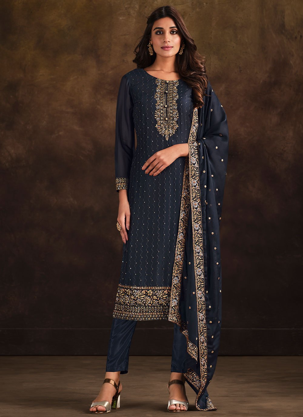 Navy Blue Embroidered Georgette Pant Style Suit