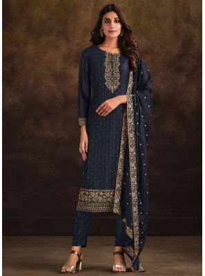 Navy Blue Embroidered Georgette Pant Style Suit