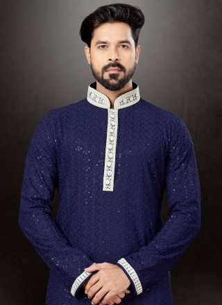 Navy Blue Embroidered Kurta