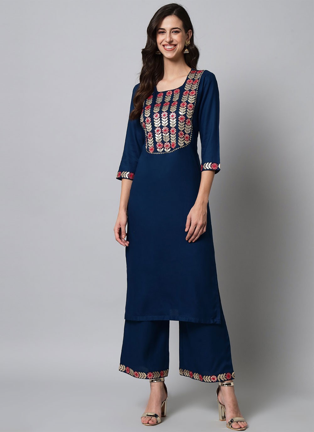 Navy Blue Embroidered Rayon Party Wear Kurti