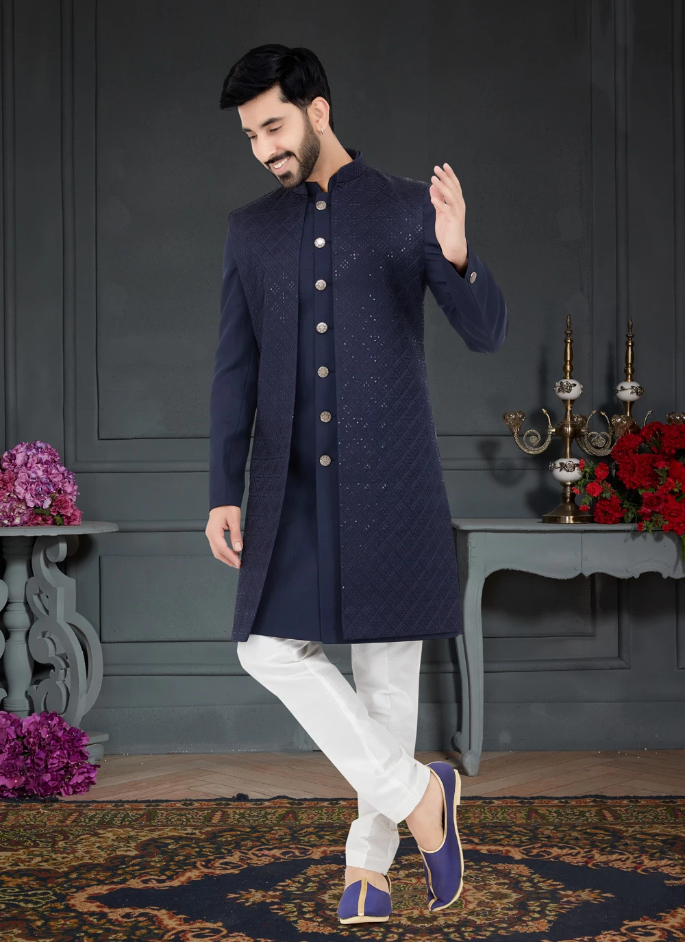 Shop Navy Blue Fancy Fabric Indo Western Online 252163 Mens