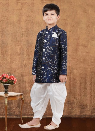 Navy Blue Jacquard Silk Fancy Indo Western