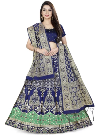 Navy Blue Jacquard Work Banarasi Silk Trendy Lehenga Choli