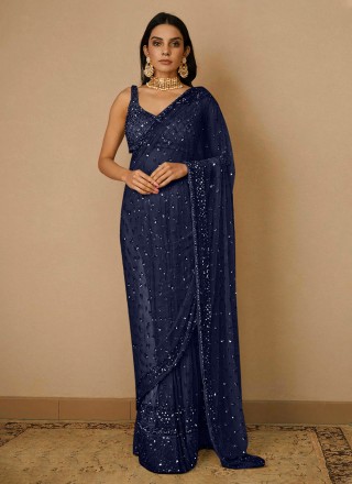 Reception Wear Teal Sequinned Work Satin Silk Crepe Ready Made Saree
