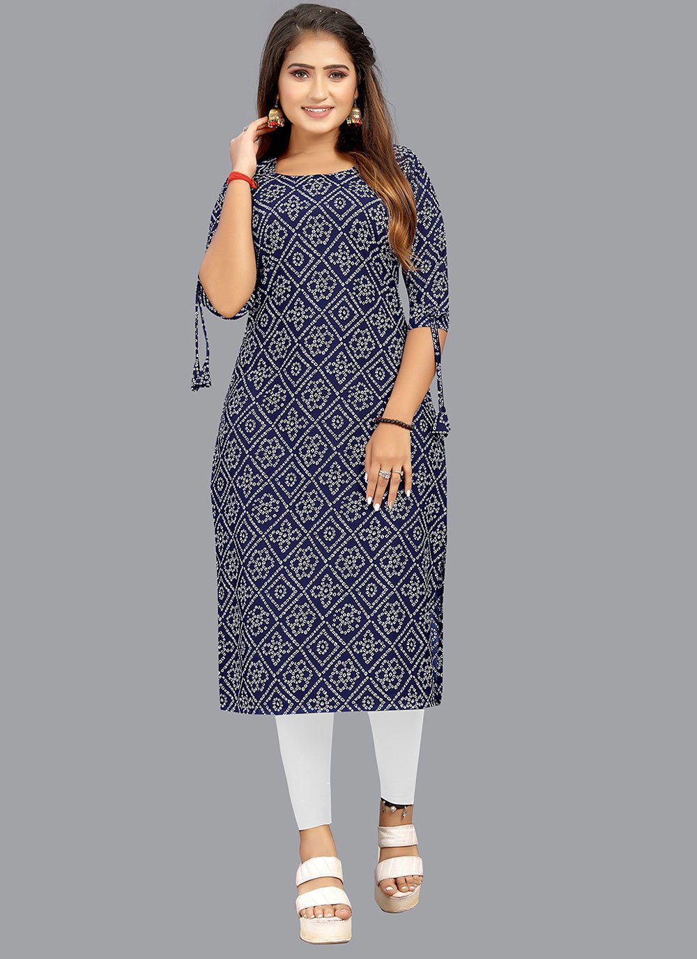Navy Blue Printed Faux Crepe Party Wear Kurti