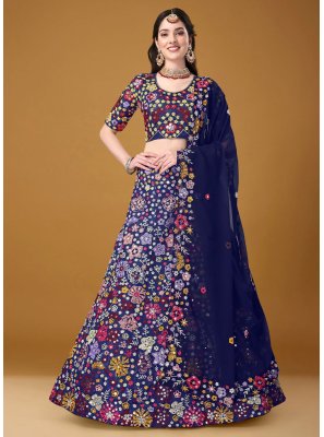 Navy Blue Satin Silk Sangeet Designer Long Lehenga Choli