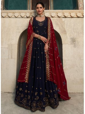 Navy Blue Sequins Ceremonial Floor Length Gown