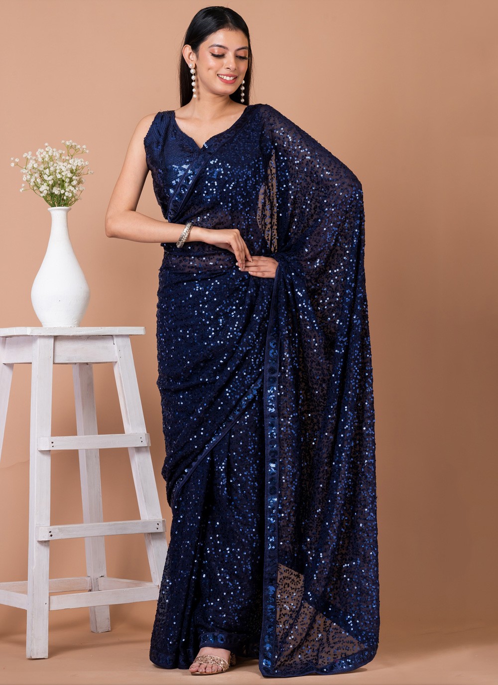 Sequinned Georgette Saree in Navy Blue : SCSA229