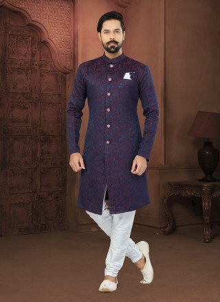 Navy Blue Thread Work Indo Western Sherwani