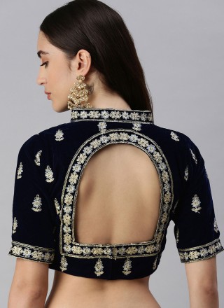 Navy Blue Velvet Embroidered Designer Blouse