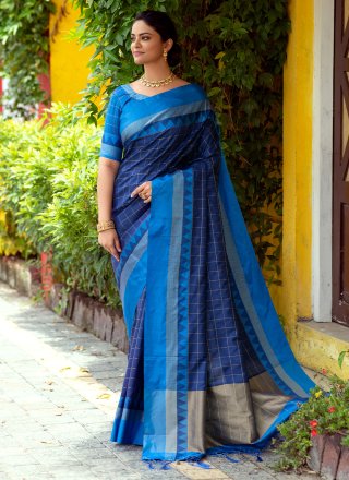 Navy Blue Woven Raw Silk Contemporary Saree