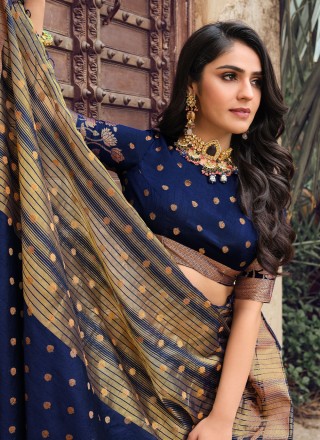 Navy Blue Woven Raw Silk Saree