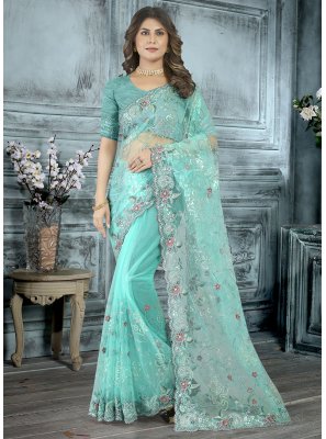 Net Aqua Blue Embroidered Trendy Saree