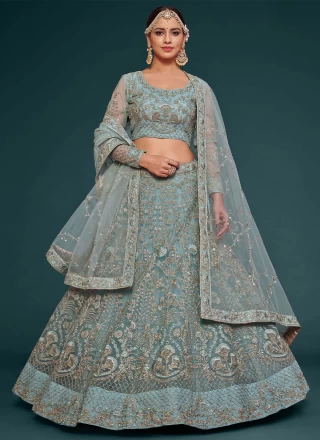 Net Aqua Blue Zari Lehenga Choli