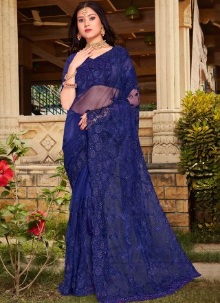 Oxford Blue Designer Embroidered Silk Wedding Saree | Saira's Boutique