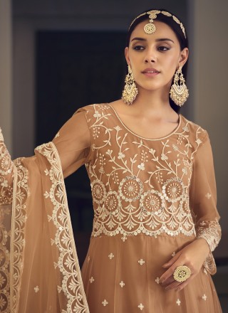 Net Embroidered Brown Anarkali Salwar Suit